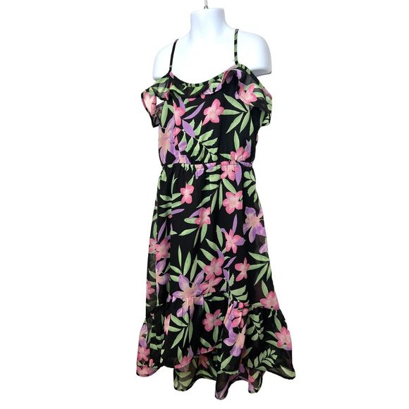 Children’s Place Girls’ Dress M 7/8 Floral Black Pink Hi/Lo Ruffled Cold Shoulde - Picture 1 of 16